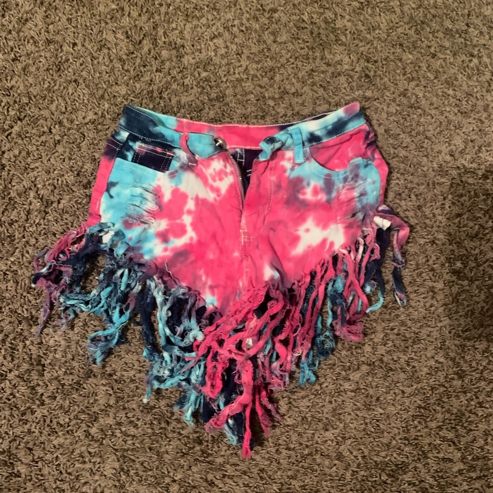 Tie-Dye Fringe Denim Shorts